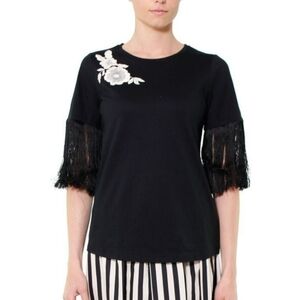 Twin-Set Flower Embroidered Fringe Cotton Top Medium